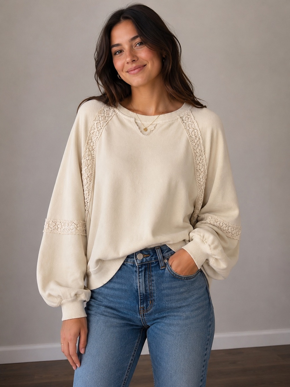 aerie Cream Lace-Trim Pullover Sweatshirt